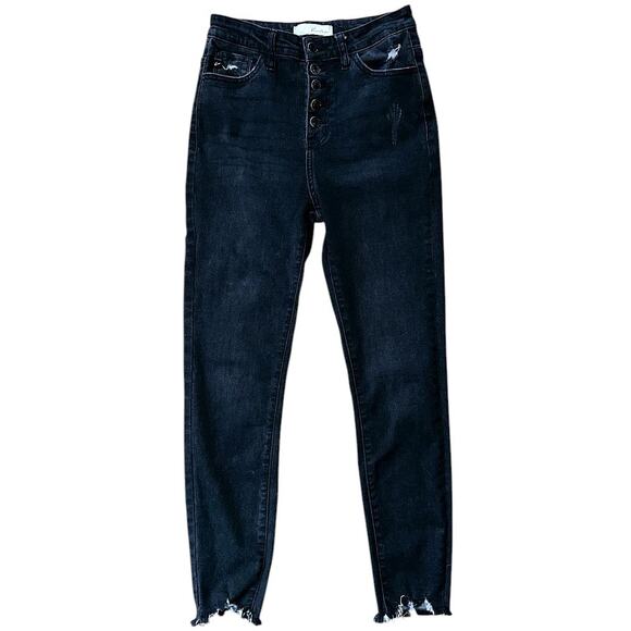 KanCan High-Rise Button Fly Distressed Raw Hem Black Skinny Jeans 7 27X28 - Picture 1 of 7
